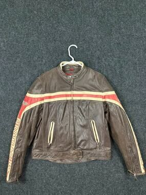 Vintage First Racing Brown Red Leather Motorcycle Jacket Men's L Moto Biker